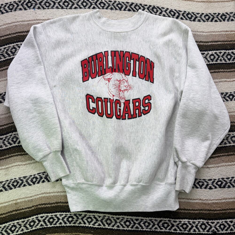 Vintage 90's Burlington Cougars Gray Red Weave Crewneck Pullover Sweatshirt XL
